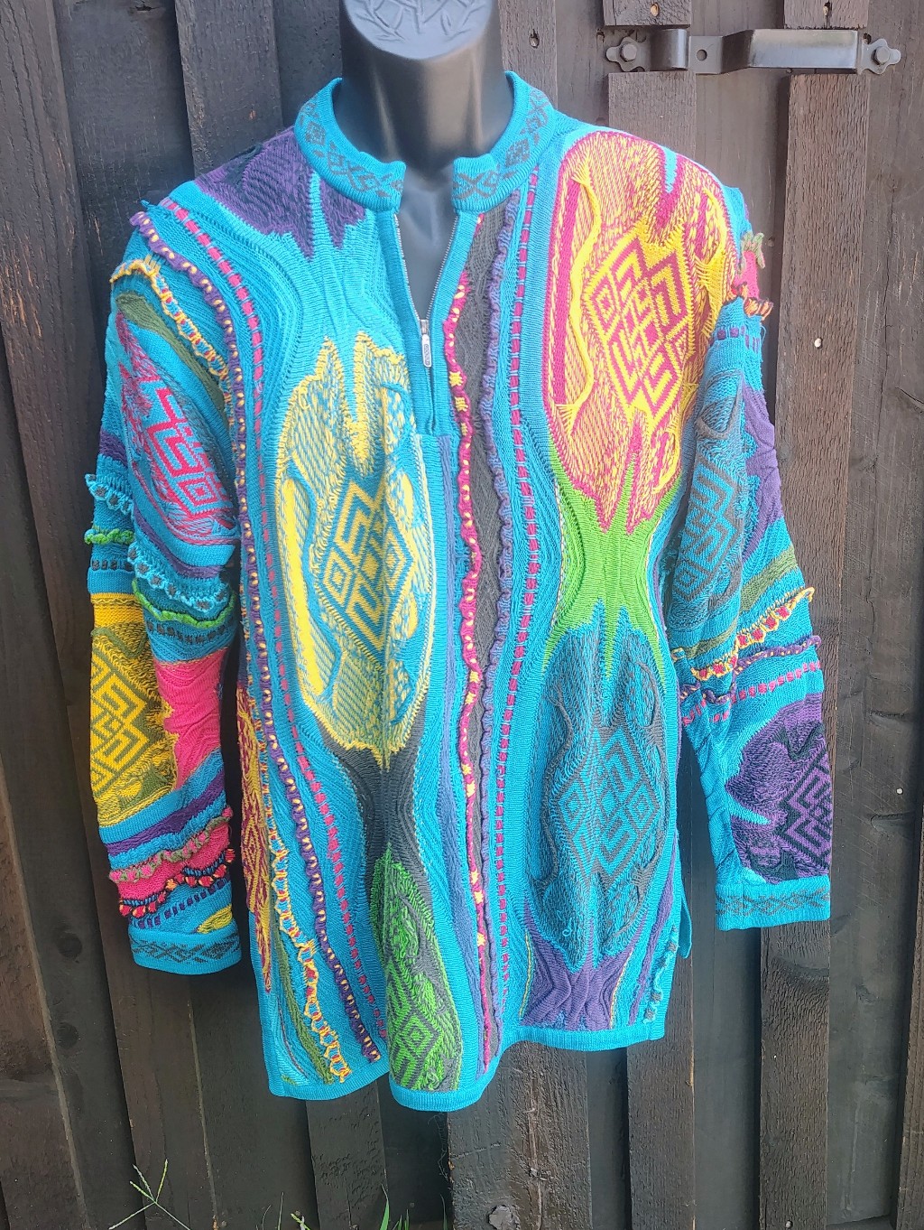 Vibrant Multicolor Coogi Knit Vneck Zip- Bold Turquoise Base